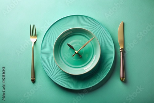 Intermittent Fasting Concept with Clock and Mint Green Plate - Stylish Fashion Photography