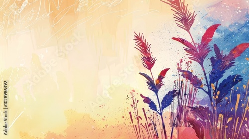 A vibrant floral illustration showcasing colorful plants and abstract shapes against a soft blended background