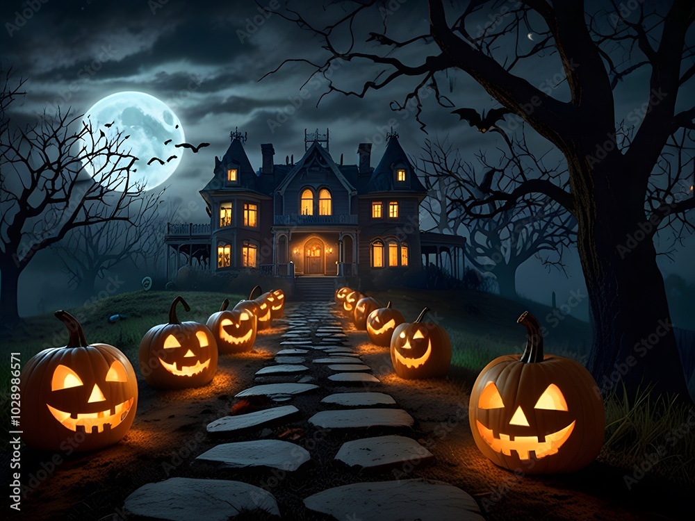 Haunting Halloween Night Mansion, Glowing Jack-o'-Lanterns, and Ghostly Figures Haunting Halloween Night Mansion, Glowing Jack-o'-Lanterns, and Ghostly Figures
