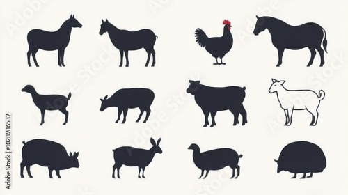 A collection of animal silhouettes, including a chicken, a pig, a cow, and a horse