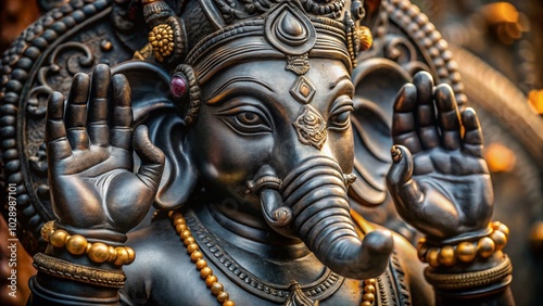 Intricate Detail of a Black Ganesha Statue in Documentary Style Photography for Cultural Heritage