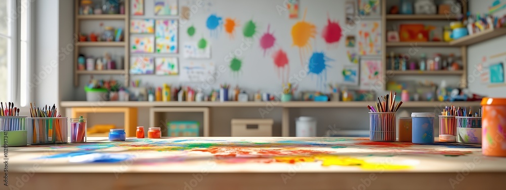 custom made wallpaper toronto digitalBright and inviting children's craft space filled with art supplies and colorful paintings. Ideal for showcasing creativity and imaginative activities.