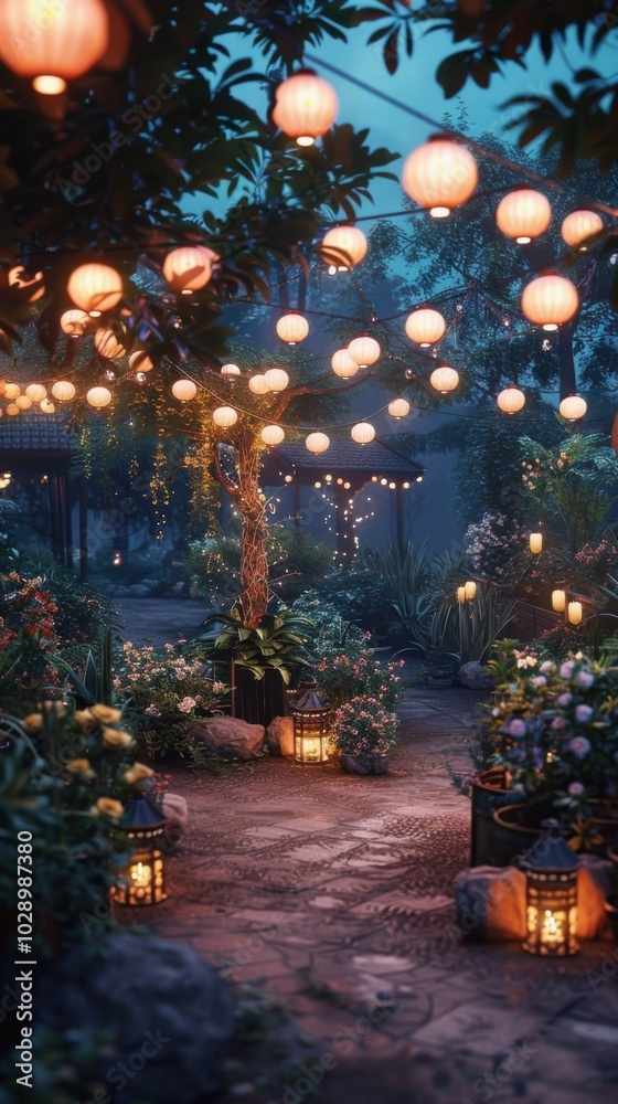 Obraz premium Lantern-lit garden party in twilight, 4K hyperrealistic photo