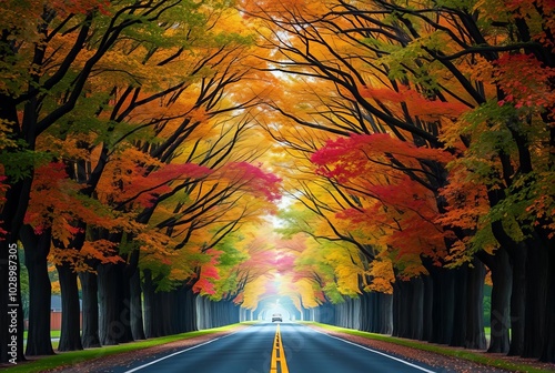 Colorful Tree Tunnel A road lined with tall trees forming a natu photo