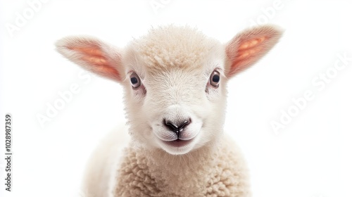 A young lamb with soft wool and bright eyes captured against a white backdrop in a studio setting