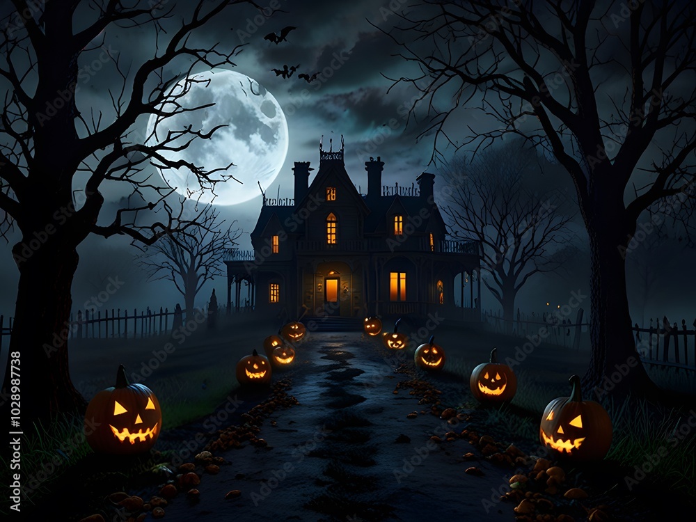 Haunting Halloween Night Mansion, Glowing Jack-o'-Lanterns, and Ghostly Figures Haunting Halloween Night Mansion, Glowing Jack-o'-Lanterns, and Ghostly Figures