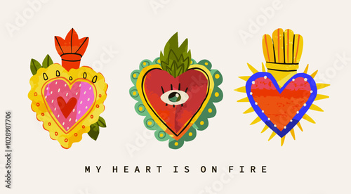 Various Sacred hearts. Three traditional colorful Mexican hearts. Cartoon style. Hand drawn trendy Vector illustration. Logo, icon, print template. Isolated design elements