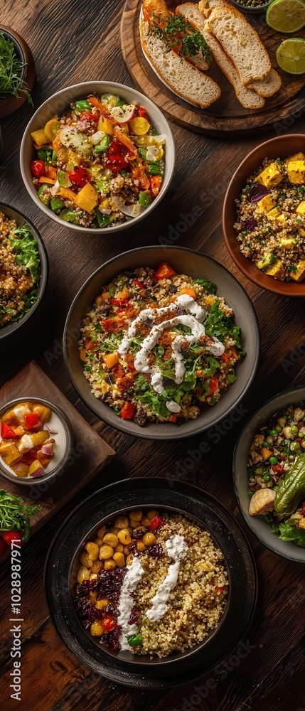 Variety of colorful dishes in bowls, top view, wooden table. Variety of colorful dishes in bowls, top view, wooden table.