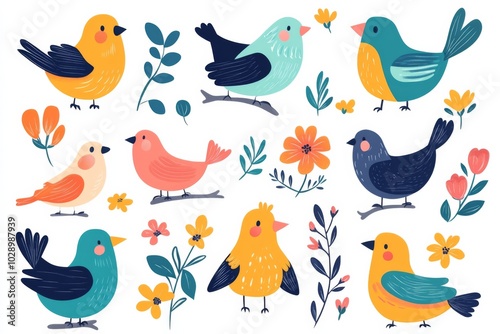 A set of colorful birds with flowers in the background. The birds are arranged in a row, with some standing on branches and others perched on flowers. Scene is cheerful and lively, with the birds