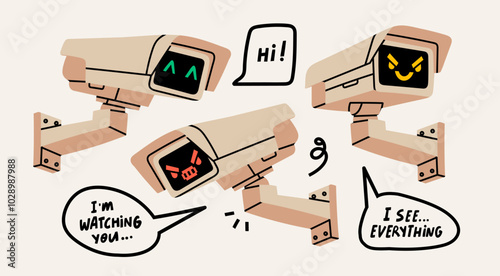 Outdoor Camera with face emotion set, speech bubbles. Hand drawn Vector illustration. Home security camera, CCTV, secure, safety, spy, monitoring, surveillance concept. Isolated design elements