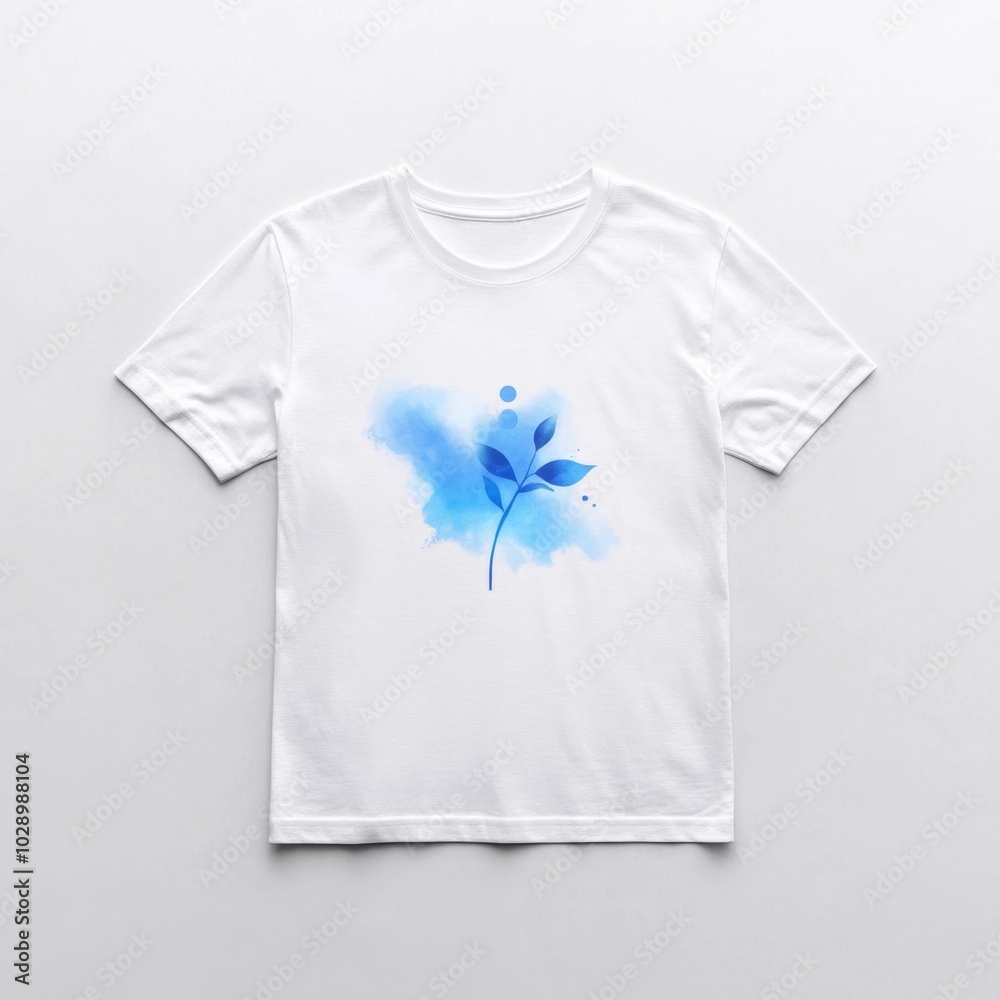 White T Shirt Mockup with Watercolor Blue Leaf Design White T Shirt Mockup with Watercolor Blue Leaf Design