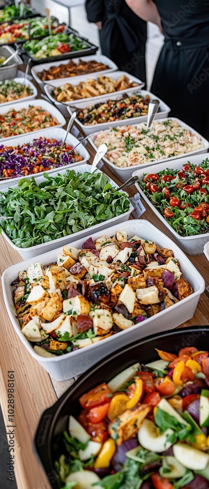 Diverse salad buffet with fresh ingredients and vibrant colors.