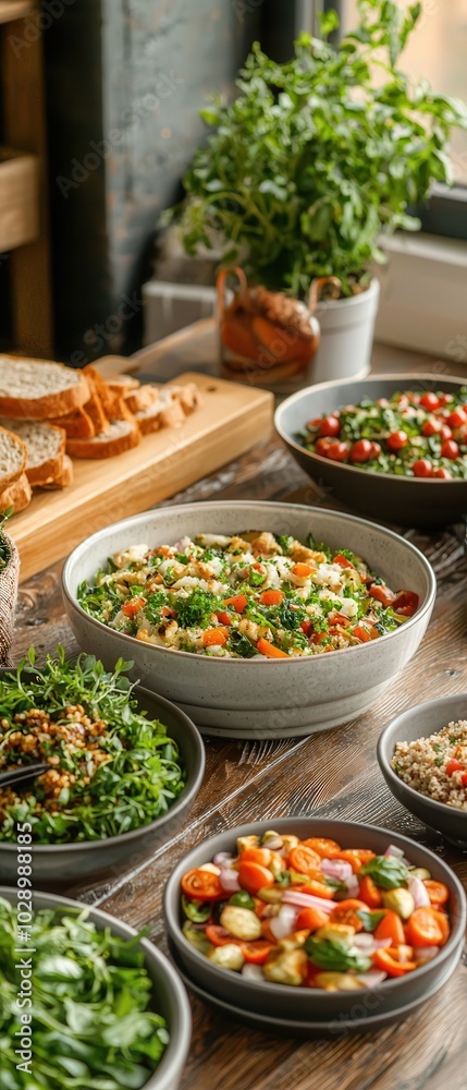 Freshly prepared bowls of healthy salads on a wooden table. Freshly prepared bowls of healthy salads on a wooden table.