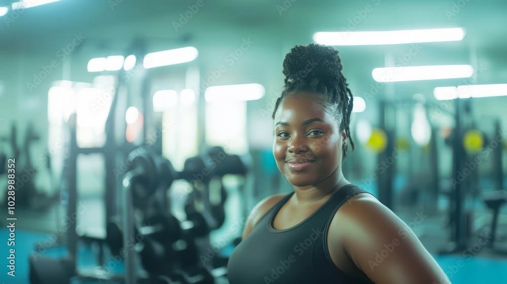 Overweight person starts exercising concept. A happy plump African woman at the gym ready to work out Overweight person starts exercising concept. A happy plump African woman at the gym ready to work out
