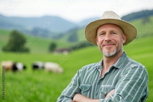 A man wearing a straw hat and a green shirt is smiling in a field with cows. Concept of happiness and contentment, as the man is enjoying his time in the countryside