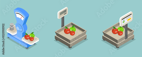 3D Isometric Flat Vector Illustration of Retail Scales, Analog and Digital Devices