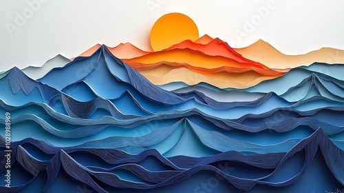 Multilayered paper cut mountain landscape with overlapping peaks, creating a 3D nature scene, paper cut mountains, layered landscape design photo