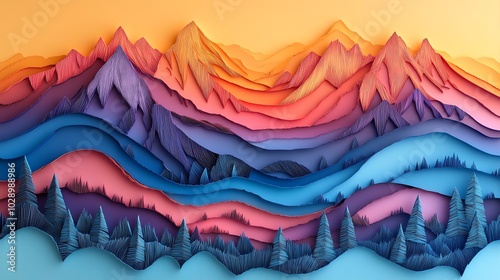 Multilayered paper cut mountain landscape with overlapping peaks, creating a 3D nature scene, paper cut mountains, layered landscape design photo