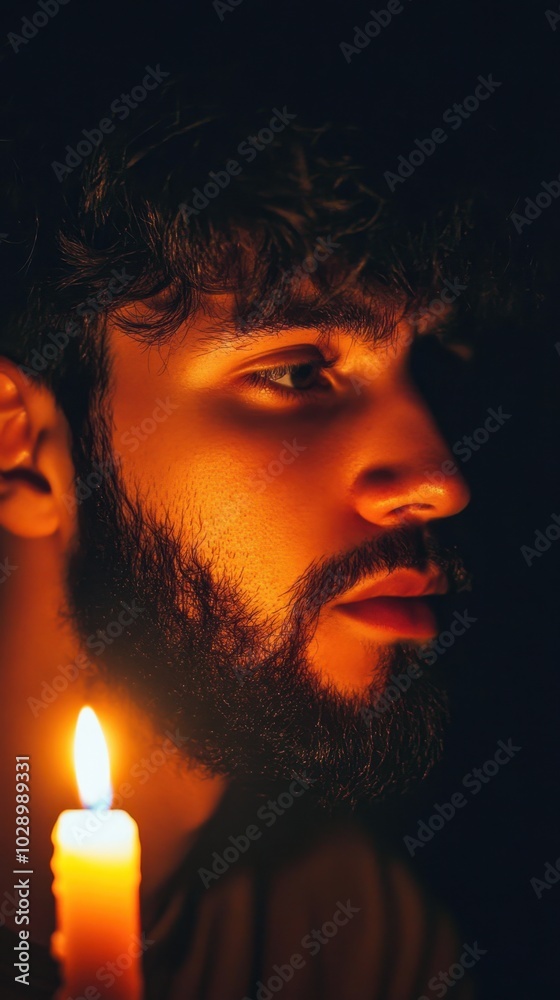 Man in Dark Room with Candlelight Reflection Man in Dark Room with Candlelight Reflection