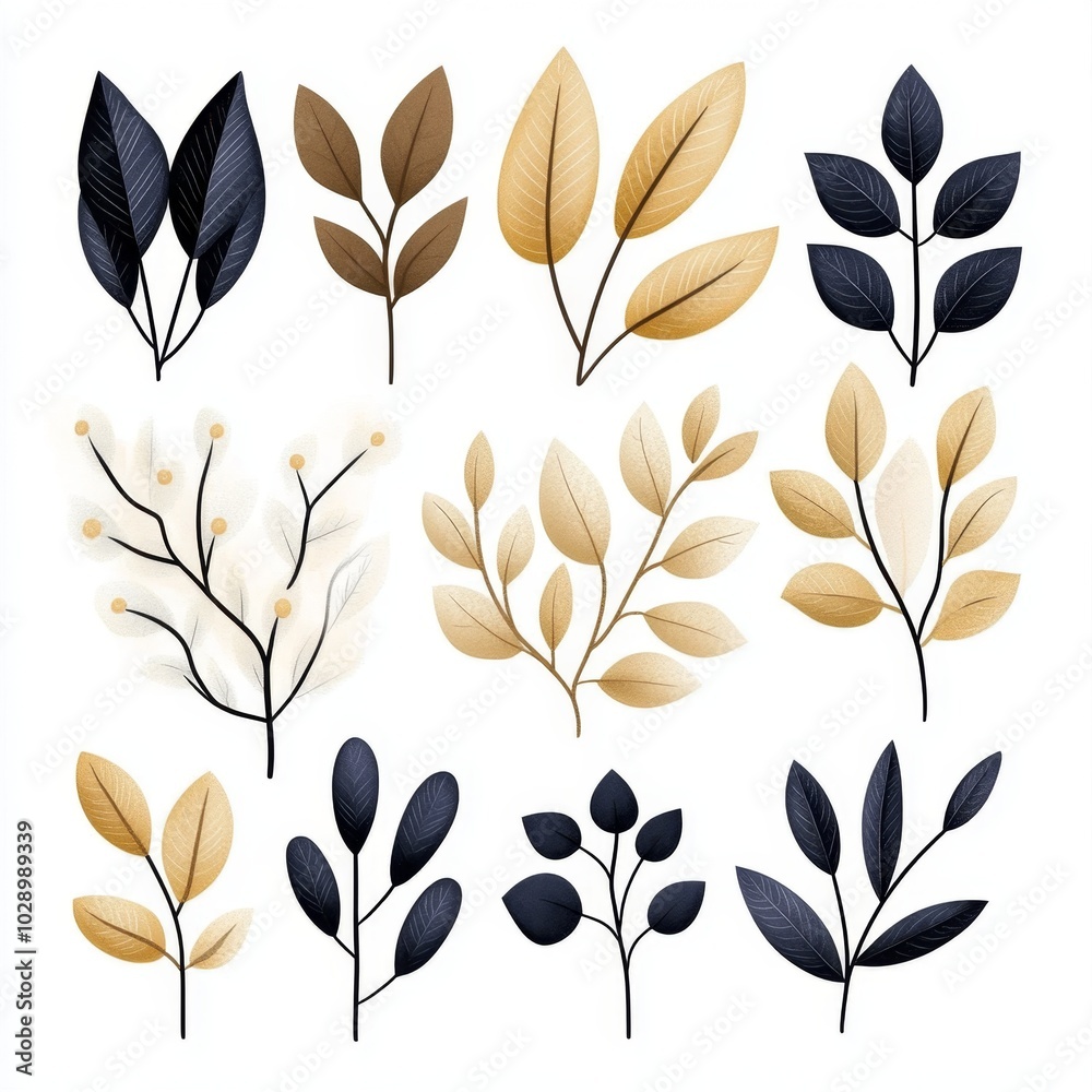 Botanical Illustration of Leaves in Black Gold and White Botanical Illustration of Leaves in Black Gold and White