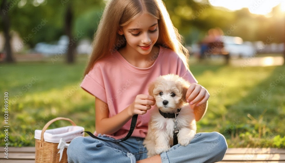 Young girl treating maltipoo puppy in park Young girl treating maltipoo puppy in park