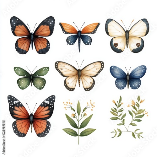 Wallpaper Mural Watercolor Butterfly Clipart Set with Flowers and Leaves Torontodigital.ca