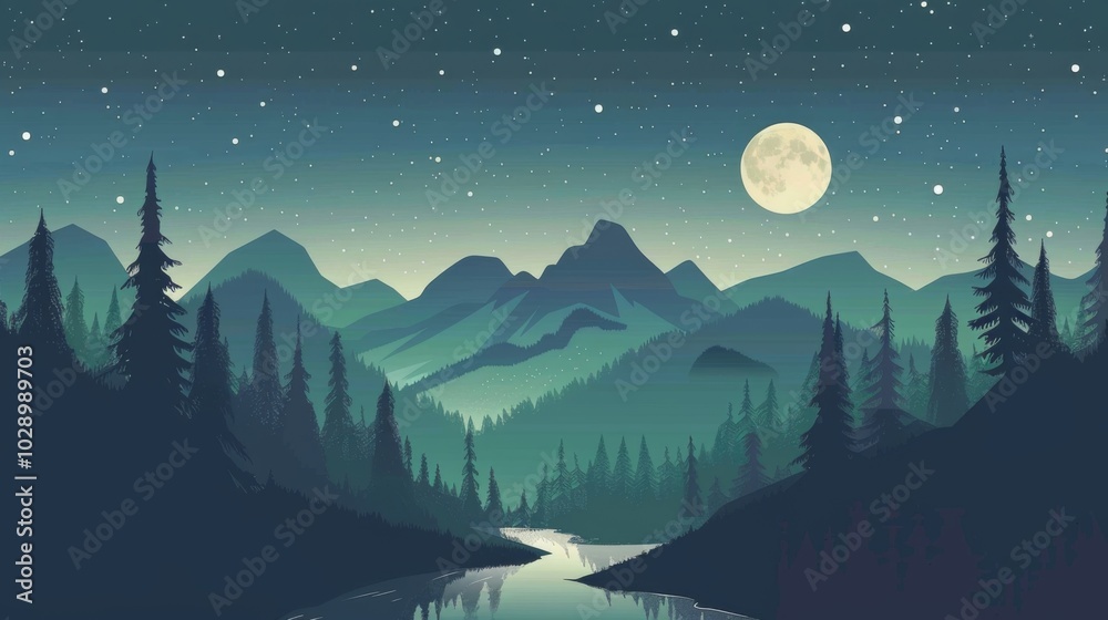 Fototapeta premium A serene night landscape with a full moon, stars, mountains, and a river flowing through a forest. The scene is tranquil and picturesque, highlighting the beauty of nature at night.