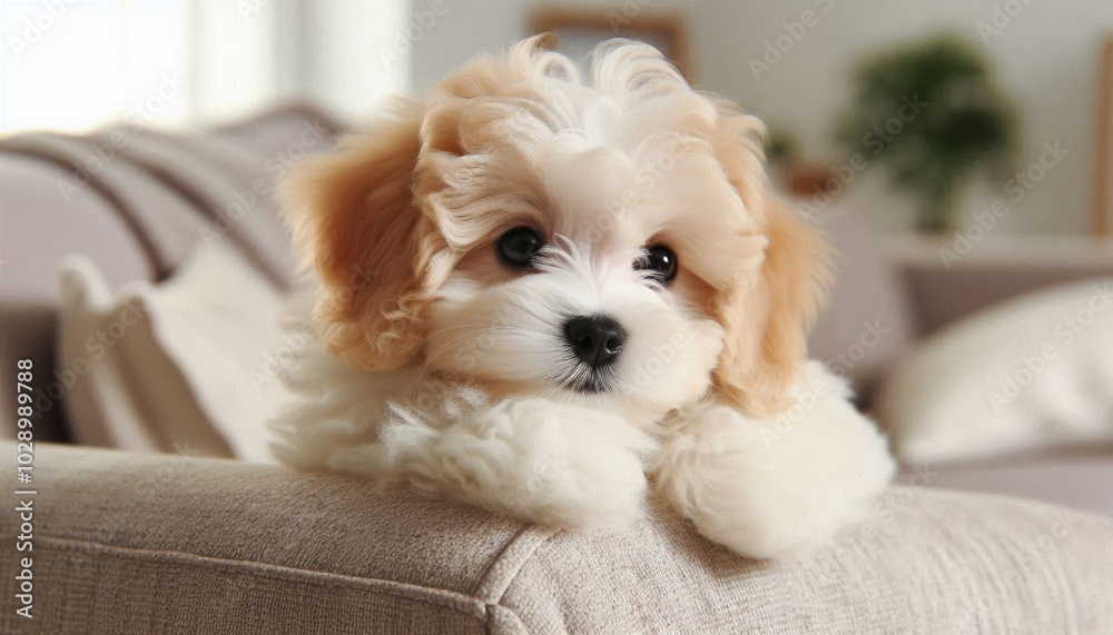 Cute Maltipoo puppy resting on comfortable sofa at home Cute Maltipoo puppy resting on comfortable sofa at home