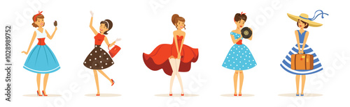Beautiful Woman Character in Retro Vintage Dress Vector Set