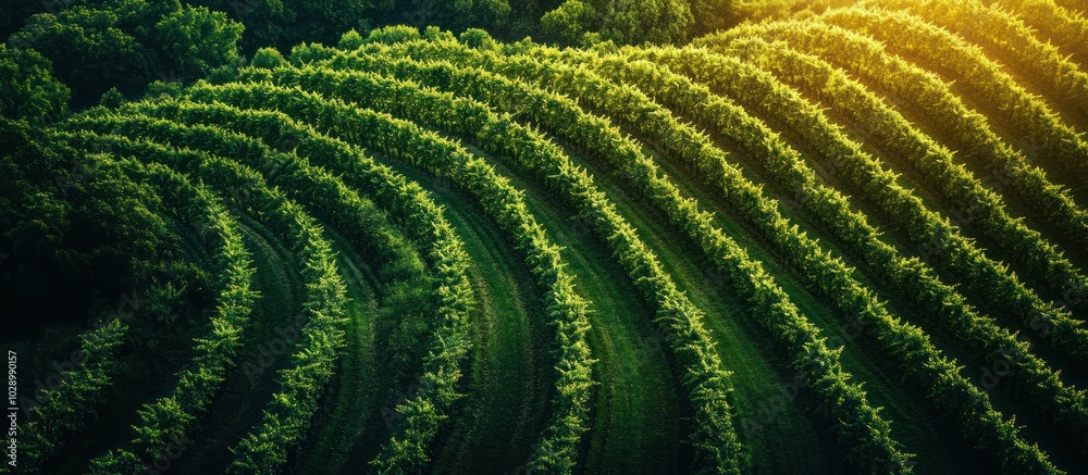 Fototapeta premium Aerial view of a vineyard with rows of grape vines, a lush green landscape under the golden sunlight.