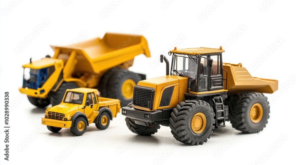 Heavy equipment models isolated against a clean white backdrop. Heavy equipment models isolated against a clean white backdrop.