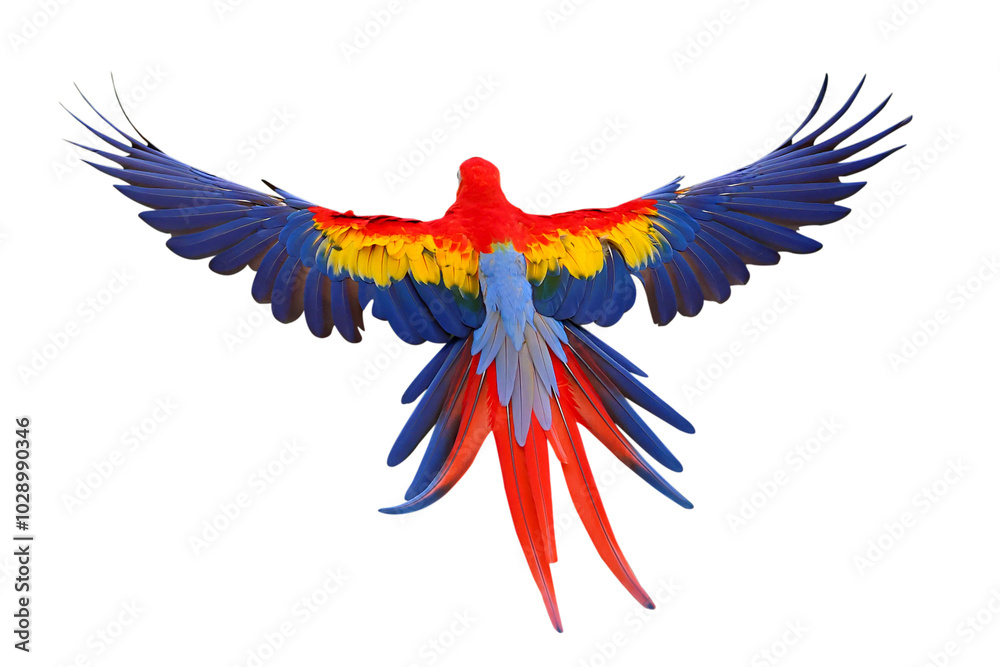 Beautiful feathers on the back of Scarlet Macaw parrot isolated on transparent background png file Beautiful feathers on the back of Scarlet Macaw parrot isolated on transparent background png file