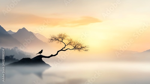 A solitary bird perched on the edge of a distant, thin tree branch, with a sprawling landscape of mountains and sky in the background, symbolizing unreachable goals, Ultra-Realistic, Photo Realistic,  photo