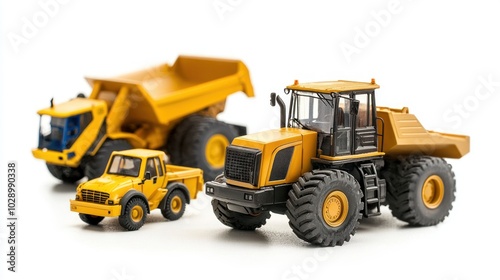 Heavy equipment models isolated against a clean white backdrop.