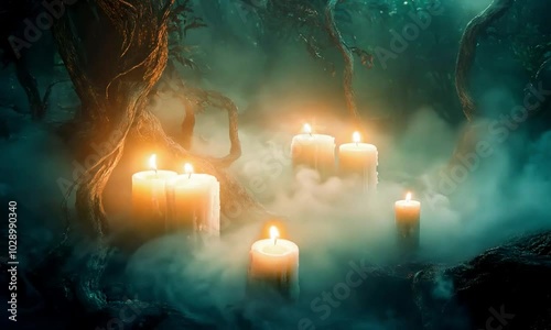 Mysterious Candles in Foggy Enchanted Forest