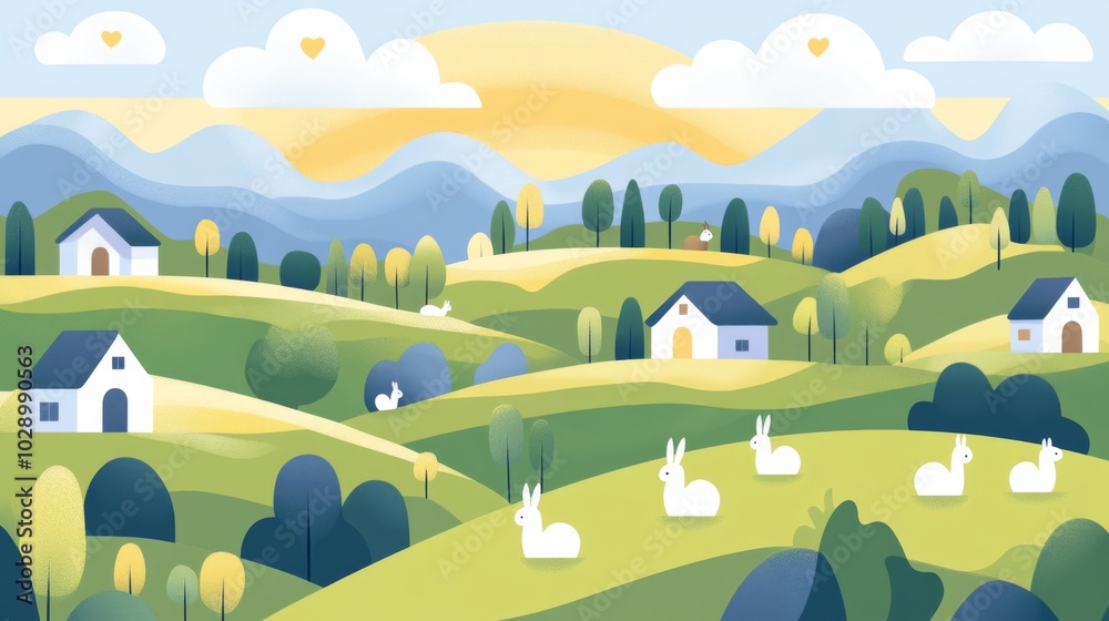 Fototapeta premium A cartoon drawing of a rural landscape with a large group of white rabbits. The scene is peaceful and serene, with a sense of calmness and tranquility. The houses in the background are small