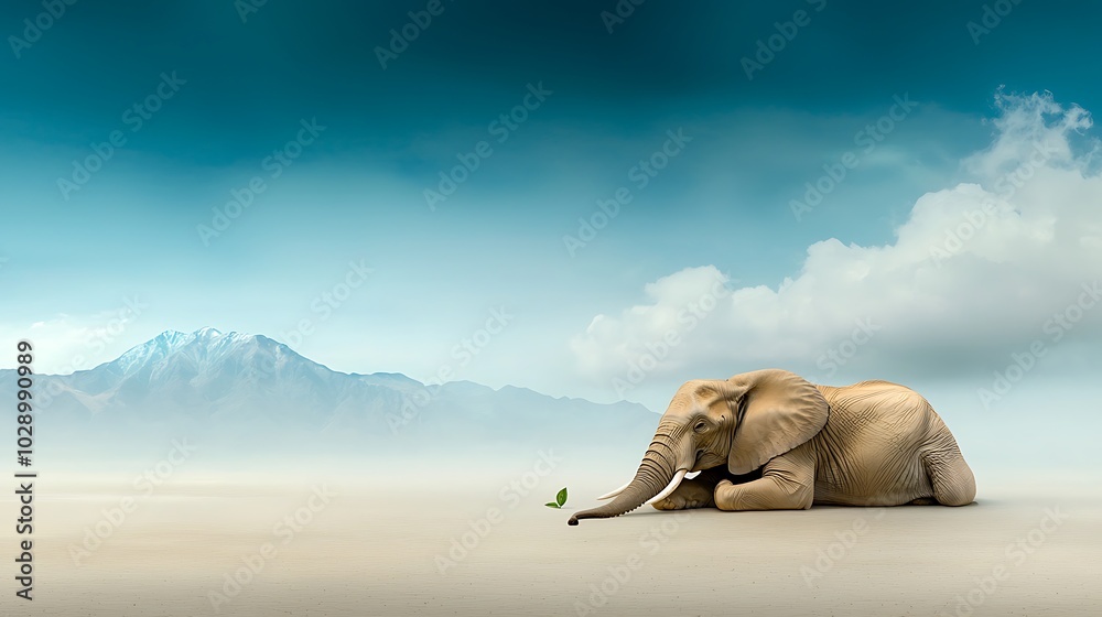 An elephant carcass in an open landscape, with a tiny leaf awkwardly