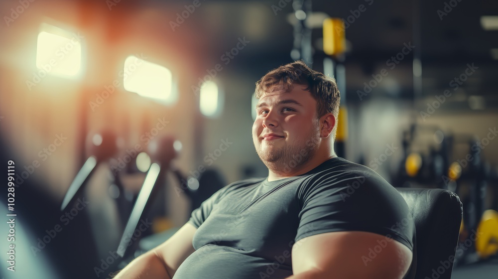 Overweight person starts exercising concept. A happy plump young man at the gym ready to work out