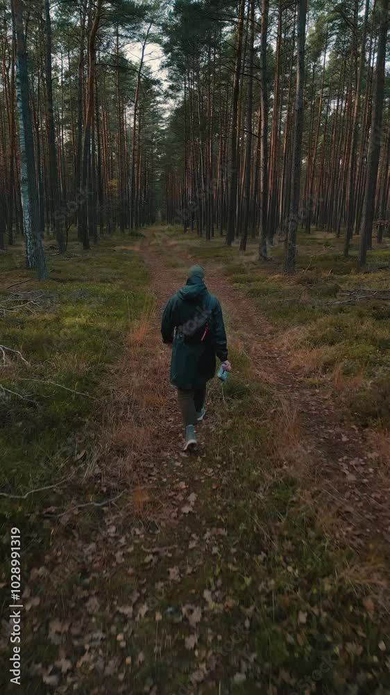 Walking in the woods. Hiking in the forest. A man in a raincoat walks through the forest. A man walks through an autumn forest. 