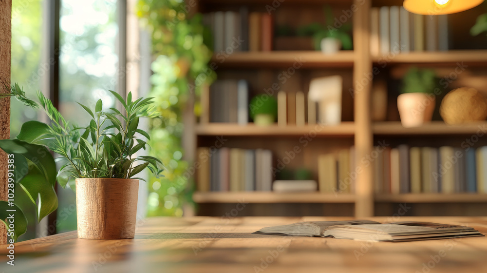 A blurred backdrop of a bright and welcoming rustic home office, showcasing wooden bookshelves lined with books and plants, exuding a cozy and calming vibe within a lively and vibrant space.
A blurred backdrop of a bright and welcoming rustic home office, showcasing wooden bookshelves lined with books and plants, exuding a cozy and calming vibe within a lively and vibrant space.