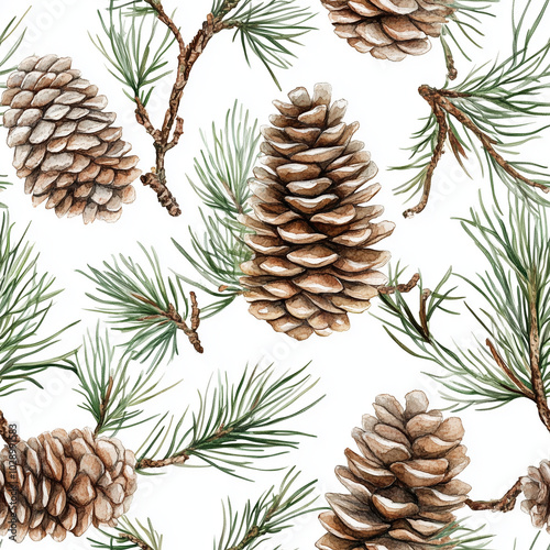 Watercolor Pine cone seamless pattern, watercolor illustration, Christmas background.