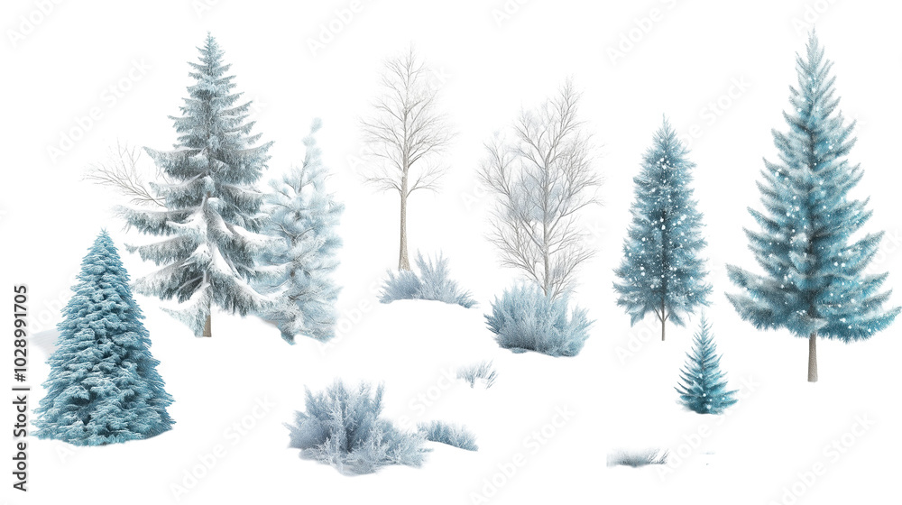 Obraz premium Group of snowy trees and shurbs in green - blue shades