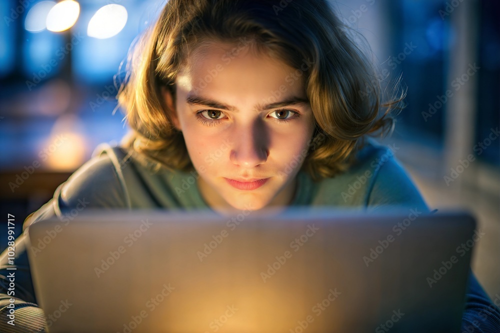 Studying online Caucasian teenage girl working on laptop in dimly lit educational space Studying online Caucasian teenage girl working on laptop in dimly lit educational space