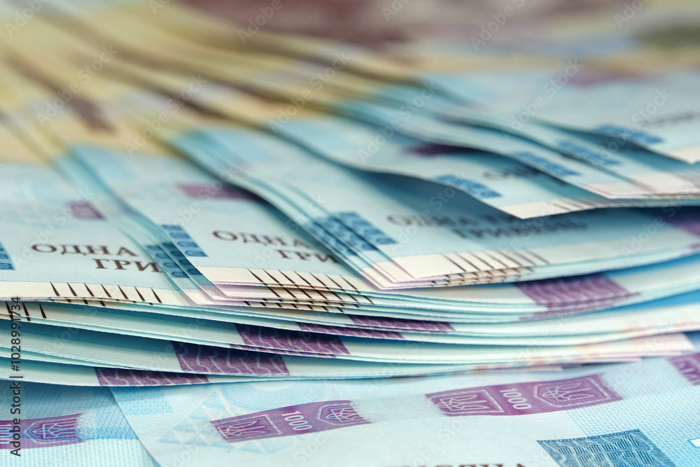 Banknotes 1000 Hryvnia. Real Ukrainian paper money of blue yellow color Banknotes 1000 Hryvnia. Real Ukrainian paper money of blue yellow color