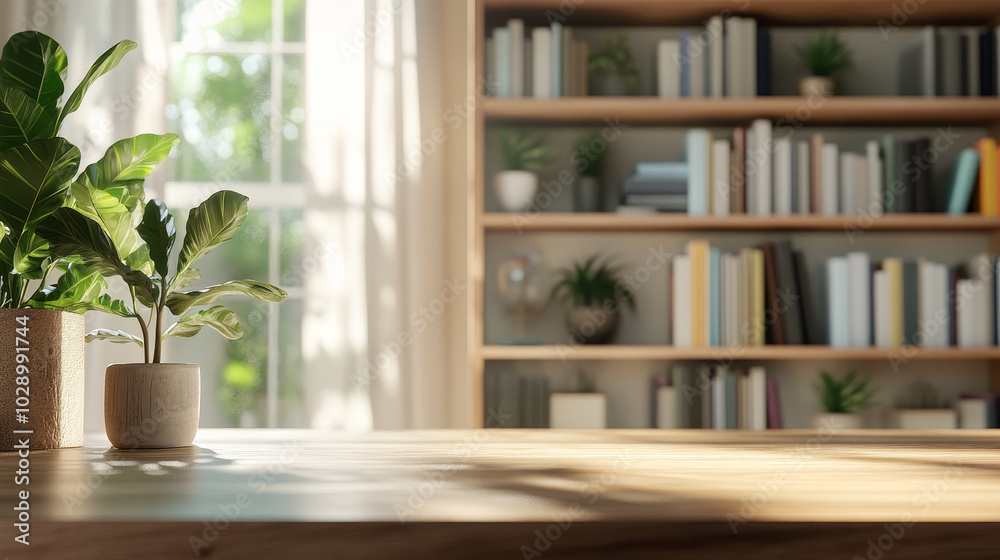 Fototapeta premium A blurred backdrop of a bright and welcoming rustic home office, showcasing wooden bookshelves lined with books and plants, exuding a cozy and calming vibe within a lively and vibrant space.