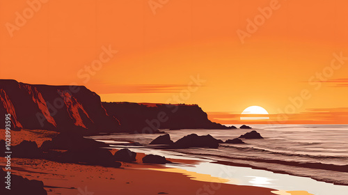 A Peaceful Coastline with Gentle Waves at Sunset Rendered in a Simple Flat Vector Silhouette Landscape with Hex e17f90