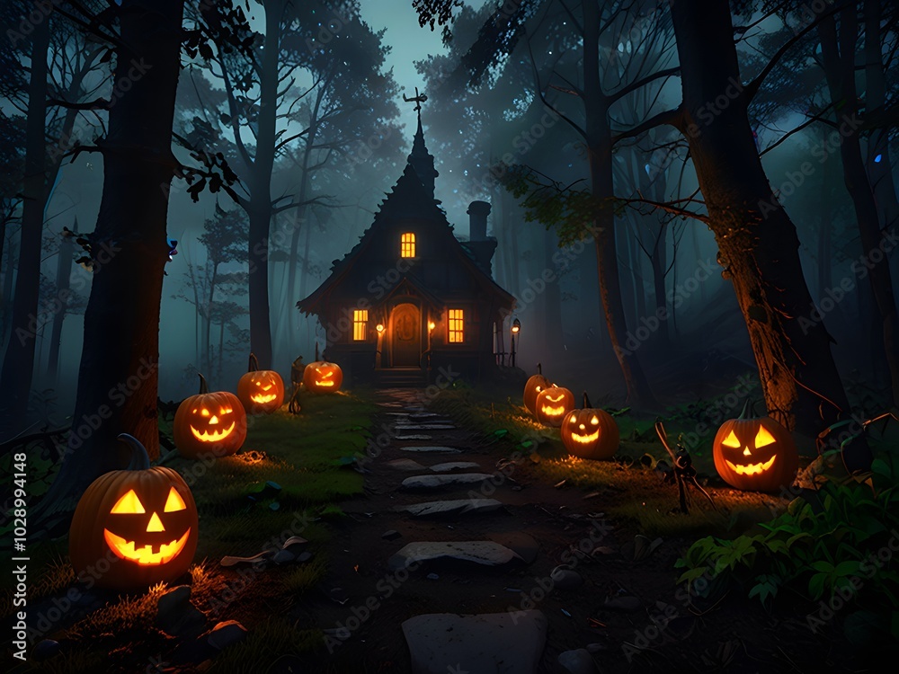 Haunting Halloween Night Mansion, Glowing Jack-o'-Lanterns, and Ghostly Figures Haunting Halloween Night Mansion, Glowing Jack-o'-Lanterns, and Ghostly Figures