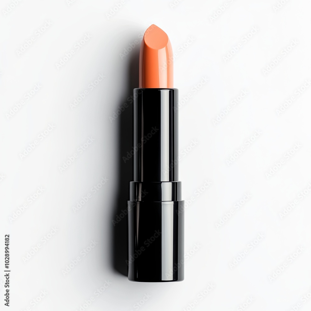 An peach fuzz color lipstick in a golden and pink case with its cap next to it on a white background. Make up a product photo shoot. Copy space. An peach fuzz color lipstick in a golden and pink case with its cap next to it on a white background. Make up a product photo shoot. Copy space.