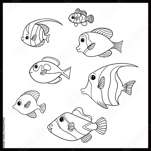 Fish shape sketch drawing vector icon set graphic doodle illustration black outline ocean habitats