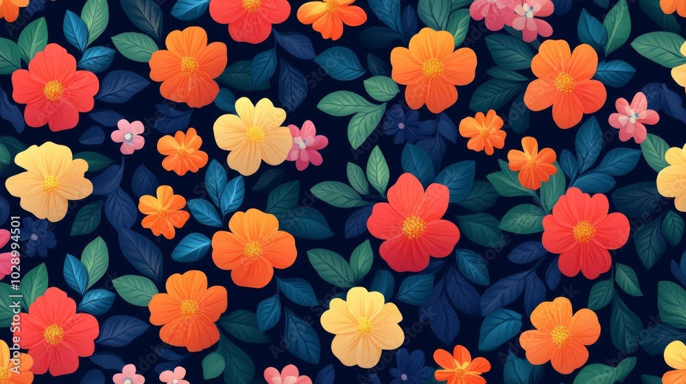 custom made wallpaper toronto digitalA colorful floral pattern with orange and yellow flowers. The flowers are arranged in a way that creates a sense of movement and depth. The blue background adds a sense of calmness